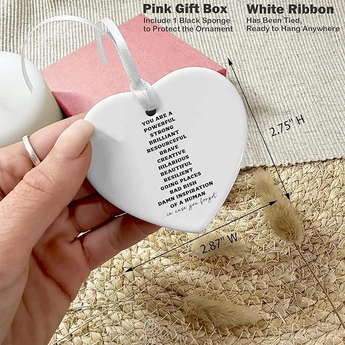 Inspirational Quotes Gifts-Positive Motivational Heart Shaped Christmas Ornament-Encouragement Gift for Women Men-Funny Reminder You are Powerful Strong Brave Ceramic Keepsake for Office Home Decor