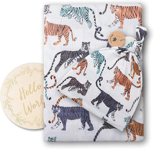 Miaoberry 100% Organic Cotton Baby Muslin Swaddle Blanket Set|Cream Tiger| Gender Neutral for Boys Girls|Yellow Mustard Orange Sun Rays| Hospital Newborn Receiving Blanket |Newborn Unisex