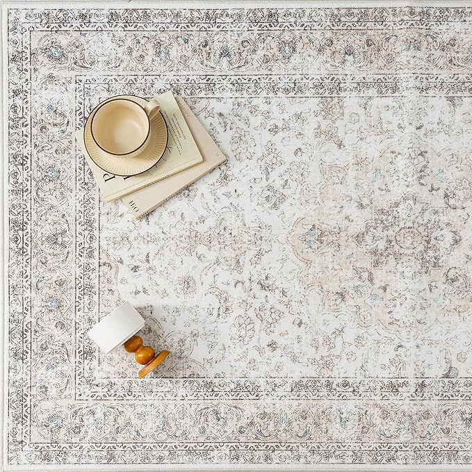 2x8 Washable Vintage Runner Rug for Living Room Bedroom Beige Grey Soft Tranditional Non Slip Runner Rug Lightweight Floral Low Pile Distressed Runner Kitchen Hallway Bedroom