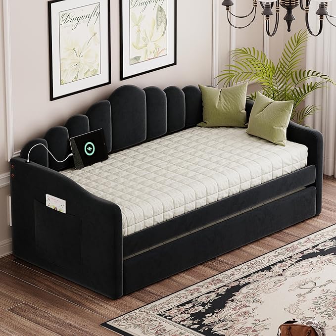 Bellemave Twin Size daybed Frame with Trundle for Adults, Kids, Girls, Teens, daybeds with Trundle for Living Room, Velvet, (Mattress not Included), Blcak