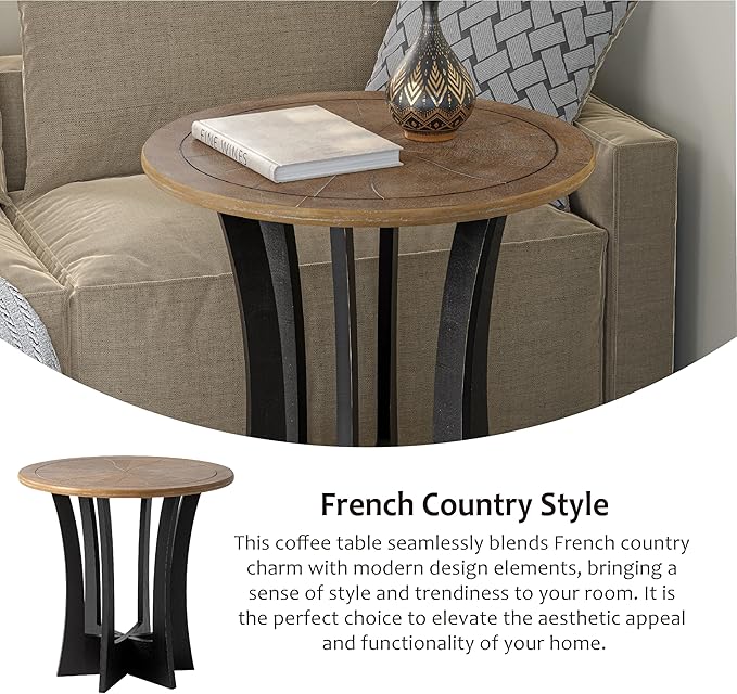 COZAYH Farmhouse Round End Table X 2P with Criss-Cross Wood Legs, Rustic French Country Side Table for Dinning or Living Room, Modern, Black, Natural Wood