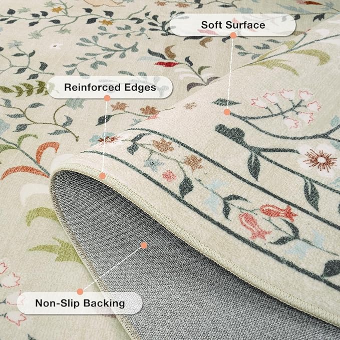 Runner Rug Washable Runners Kitchen Rugs Non Slip Animal Floral Carpet Low Pile for Indoor Hallways Entryway Living Room Bedroom Laundry Soft Mat 2'6''x8' Beige