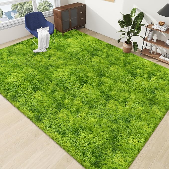 Soft Fluffy Grass Green Area Rug 8x10 for Bedroom Living Room Thick Plush Shaggy Rug Large Green Shag Carpet for Kids Room Dorm Baby Nursery Indoor Decor Aesthetic