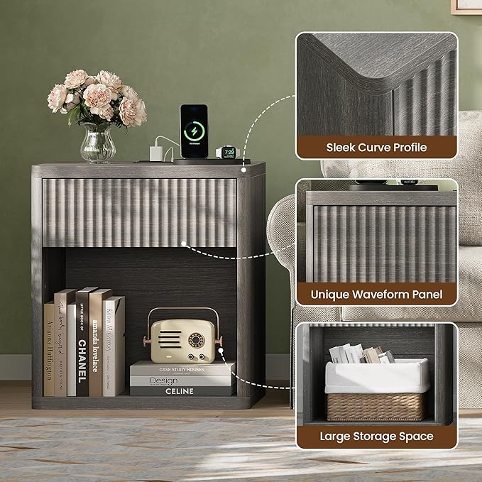 Fluted Nightstand Set of 2 with Charging Station, 21.7" Wide Modern Bedside Table with 1 Drawers Open Storage Cabinet, Wooden End Table for Bedroom,Gray