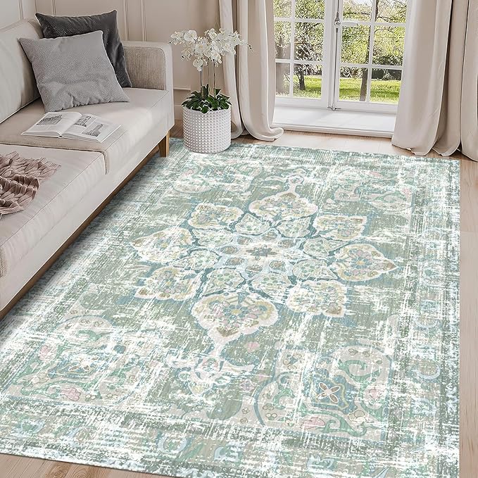 Vhong Washable Area Rugs Boho Vintage Neutral Modern Pale Green 5x7 Non Slip Small Carpet for Living Room Dining Room Bedroom Farmhouse