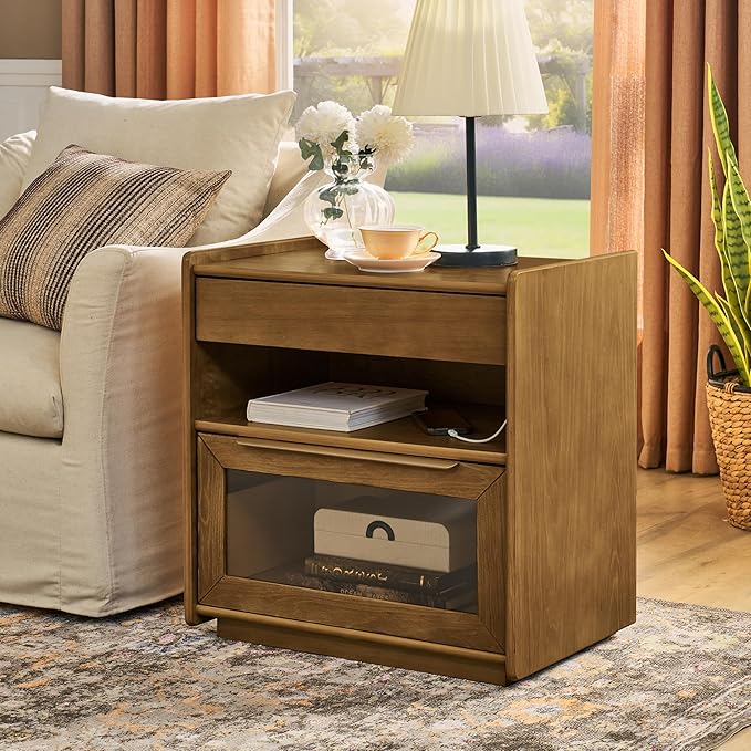 Mid Century Modern Nightstand with Charging Station, Farmhouse End Table with Outlet Hole, 2 Drawers & Open Shelf, Glass Drawer Storage End Table for Bedroom, Living Room, Dorm