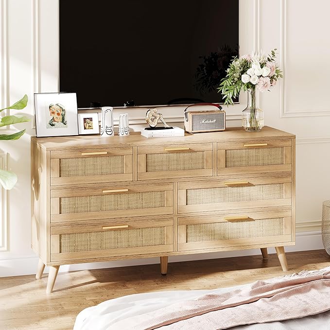 Rovaurx 7 Drawer Double Dresser for Bedroom, Rattan Chest of Dressers, Modern Wooden Dresser Chest with Golden Handles, Beside Table for Closet, Living Room and Entryway, Natural RDG004M