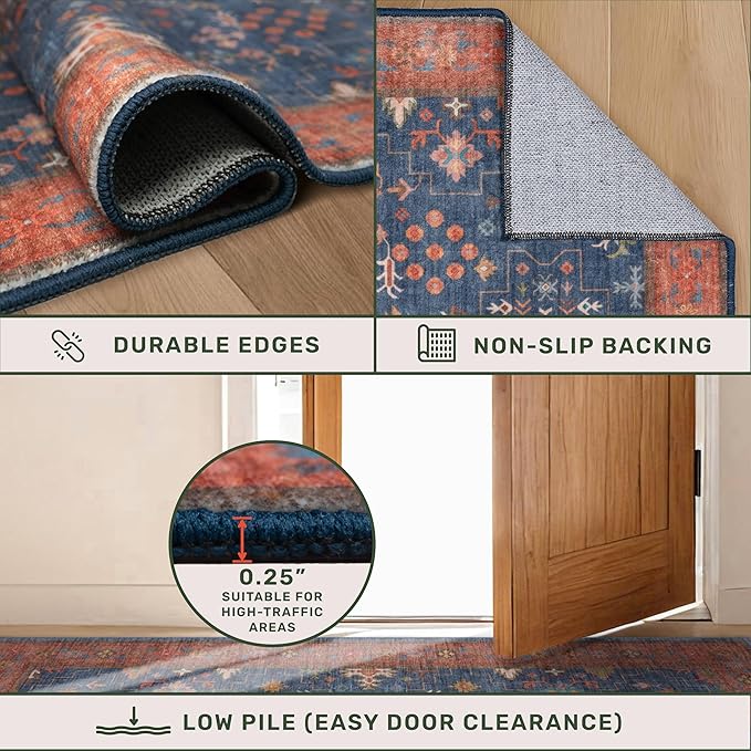 Washable Kitchen Rugs, 3x6 Area Rug for Large Entryway Indoor, Kitchen Mat, Small Rug for Living Room - Stain Resistant Non Skid Non Slip Rubber Backing, Boho Aethestic Décor (3x6 Navy Blue)