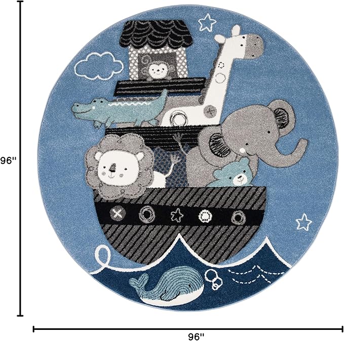 SAFAVIEH Carousel Kids Collection 8' Round Blue/Grey CRK121B Animal Non-Shedding Playroom Nursery Bedroom Area Rug