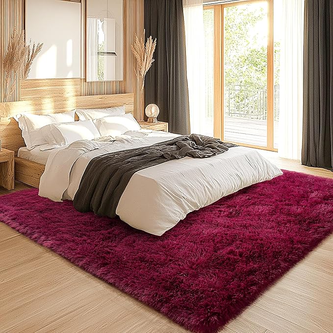 4x6 Rug - Non-Slip Rugs for Living Room - Height Pile 1.4" Plush Rug - Fluffy Throw Carpet for Bedroom - Burgundy