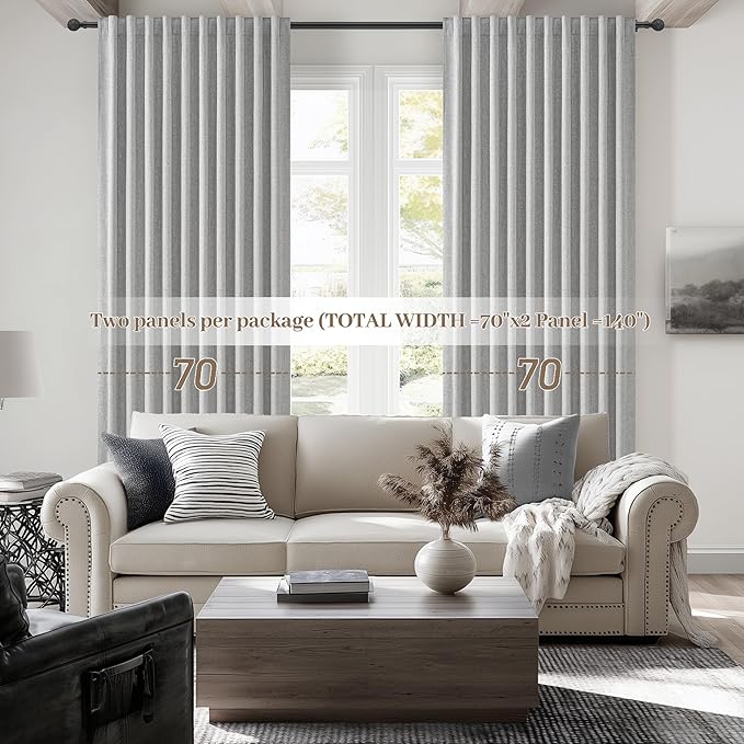 Gray Blackout Curtains 70 Inches Extra Wide Linen Curtains 96 Inch Length for Kids Boys Room/Nursery, Pleated Bedroom Thermal Drapes for Winter Thick Window Energy Efficient 70"W x 96"L 2 Panels