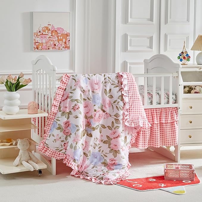 3 Pieces Flowers Crib Bedding Set Baby Ruffled Quilted Comforter with Fitted Sheet and Bed Skirt - Cute Ruffled Shabby Chic Baby Bedding Soft Blanket Floral Design