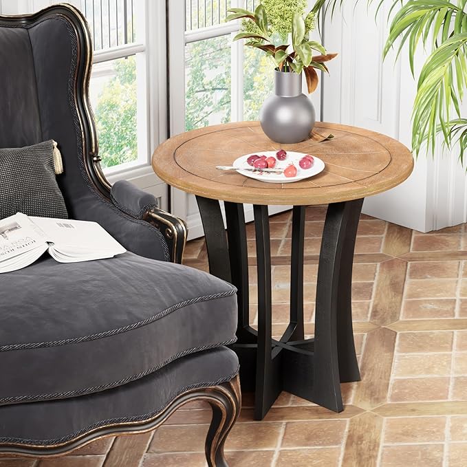 COZAYH Farmhouse Round End Table X 2P with Criss-Cross Wood Legs, Rustic French Country Side Table for Dinning or Living Room, Modern, Black, Natural Wood