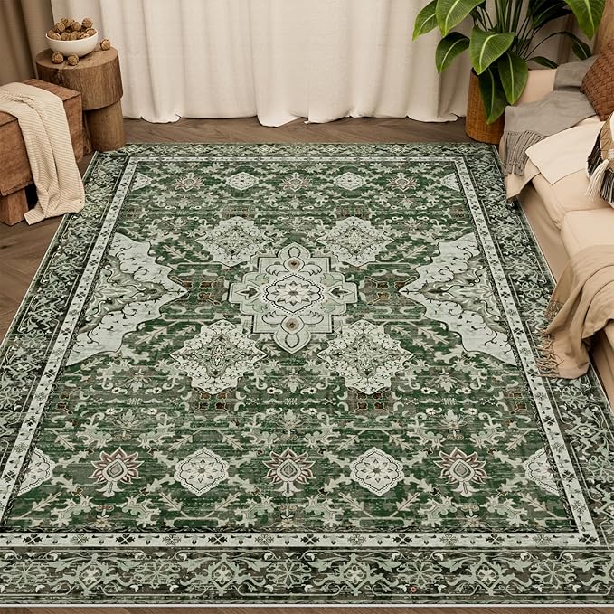 AMTOVO Area Rugs 5'x7' Washable Non-Slip, Vintage Boho Distressed Print Pattern Rugs for Living Room, Soft Low Pile Carpet for Bedroom Indoor Playroom Nursery Farmhouse Girls Room, Dark Green