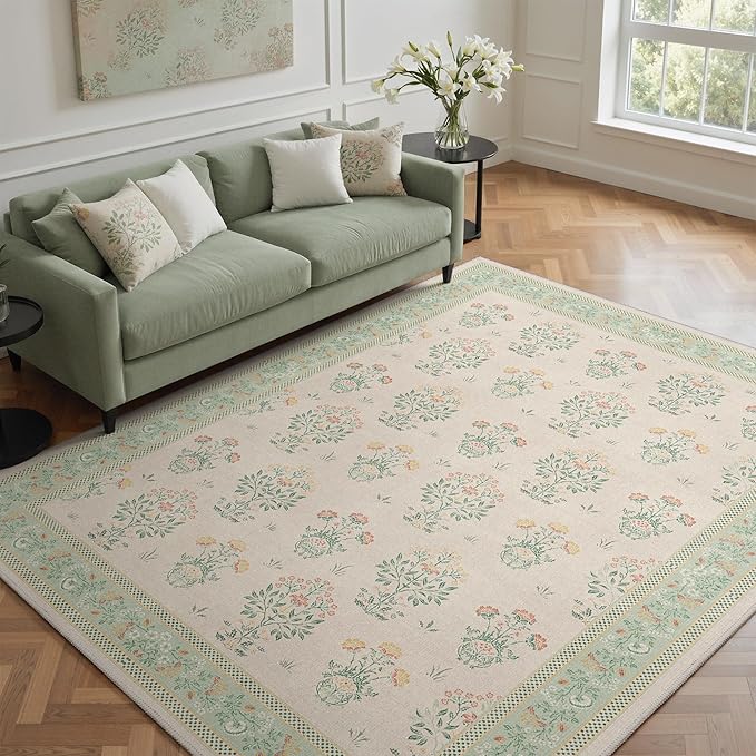 GENIMO Green 3x5 Area Rug for Bedroom, Washable Boho Vintage Floral Rug with Non-Slip Backing, Soft Carpet for Girls Room, Nursery Room and Kids Room