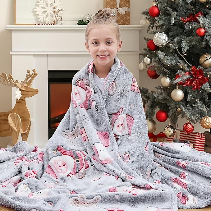 inhand Christmas Blanket,Glow in The Dark Blanket for Kids/Girls/Boys/Toddler Soft Flannel Red Santa Claus Gingerbread Candy Canes Christmas Throw Blankets for Age 3 4 5 6 7 8 9 10 11 12 13 Year Old