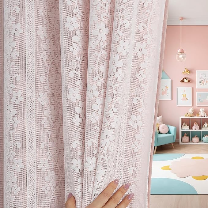 PONY DANCE Linen Pink Curtains for Living Room 84 Inches Long, Farmhouse Thermal Insulated Room Darkening Curtains, Double Layer Curtain for Girls' Bedroom, 52W x 84L, Blush Pink, 2 Panels