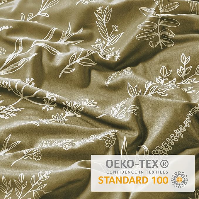 MUXHOMO Duvet Cover King Size, Reversible Floral Olive Green Duvet Cover Set with Zipper Closure, 3 Pieces Botanical Patterns Soft Microfiber Bedding Set (90"x104", 2 Pillow Cases 20"×36")