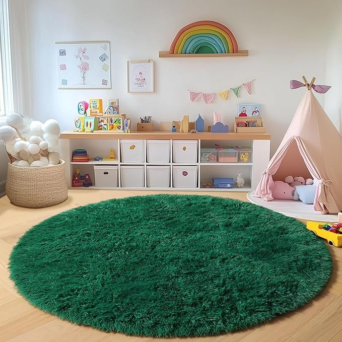 ONASAR Dark Green Round Area Rug 4x4, Soft Bedroom Circle Rugs for Kids Girls Teen Room, Cute Furry Plush Shaggy Carpet for Baby Nursery Living Room Playroom Dorm Christmas Home Decor
