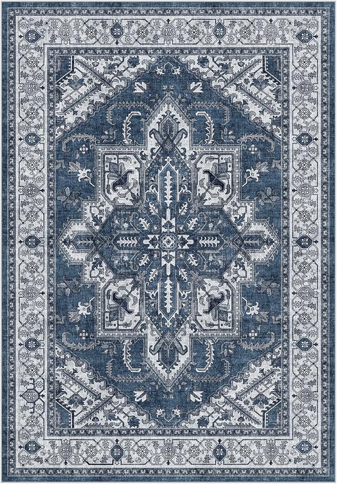 WITSHOCK Living Room Area Rugs 4x6: Washable Rug Boho Soft Non-Slip Low Pile Stain Resistant Foldable Carpet for Bedroom Playroom Dining Room Office Kitchen Farmhouse Home Decor Rug-Blue