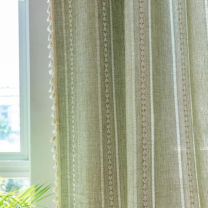 Deeprove Green Boho Linen Curtains 72 inches Length for Bedroom Living Room Dining Nursery Closet, Hollow Sage Semi Sheer Curtains Darkening Embroidery Drape Window Treatment, 1 Panel W52 x L72