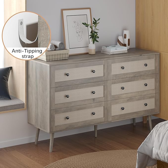 Rattan Dresser for Bedroom, Grey 6 Drawer Dressers & Chest of Drawers, Boho Dresser with Handles Wood Chests Storage Organizer Farmhouse Dressers for Closet, Hallway, Office