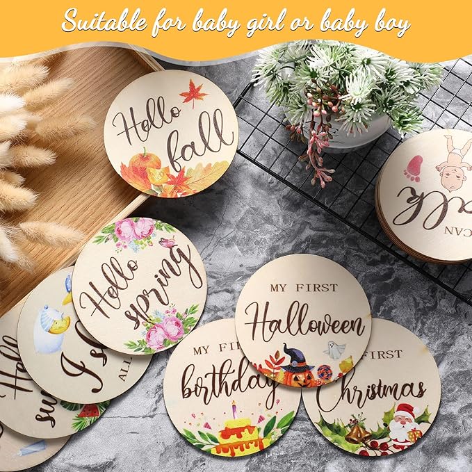 Tiamon 16 Pieces Wooden Baby Monthly Milestone Cards Monthly Milestone Marker Discs Double Sided Wooden Circles Months Signs for Baby Shower Newborn Photo Props(Flower)