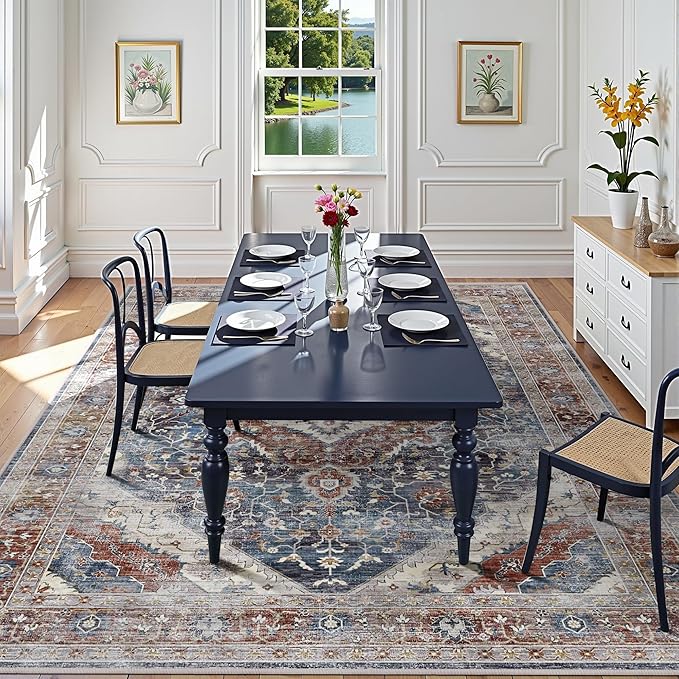 Deerly Boho Area Rug Large Rugs for Bedroom Machine Washable Rugs for Living Room Moroccan Non-Slip Oriental Area Rugs Carpet Floor Rug(Border Brown/Navy Blue 5x8ft)