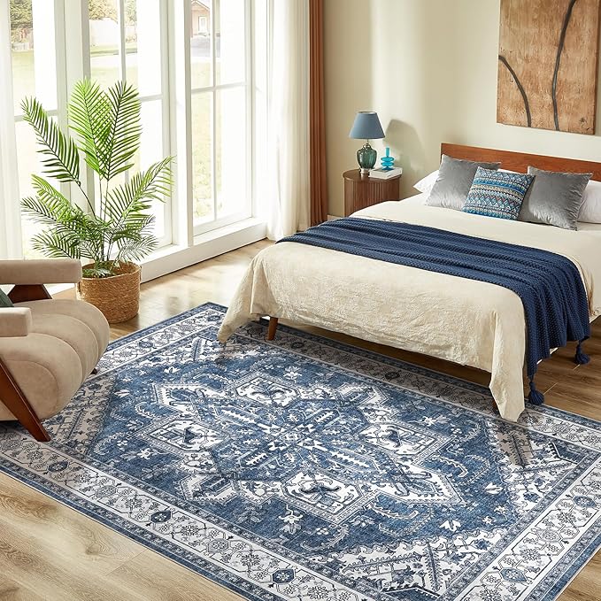 WITSHOCK Living Room Area Rugs 6x9: Washable Rug Boho Soft Non-Slip Low Pile Stain Resistant Foldable Carpet for Bedroom Playroom Dining Room Office Kitchen Farmhouse Home Decor Rug-Blue