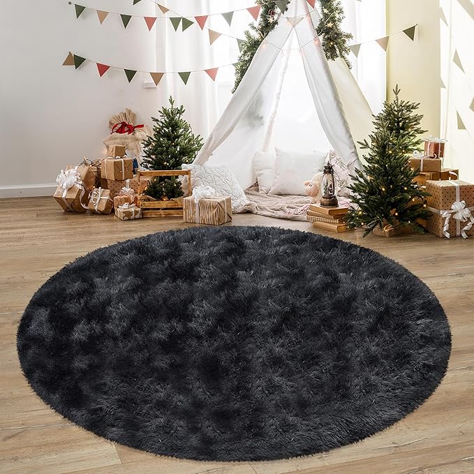 6 ft Round Fluffy Large Black Rug for bedroom,Tie Dyed Furry Round Carpet Non Slip Fuzzy Shaggy Plush Circle Big Area Rug for living room Room Nursery Room Playroom Kids Room Home Decor Washable