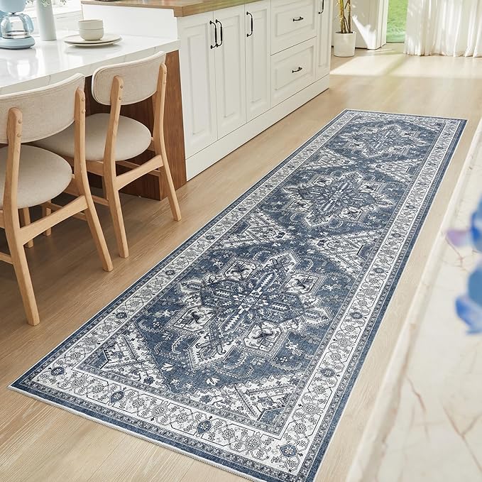 WITSHOCK Living Room Area Rugs 3X10: Washable Rug Boho Soft Non-Slip Low Pile Stain Resistant Foldable Carpet for Bedroom Playroom Dining Room Office Kitchen Farmhouse Home Decor Rug-Blue