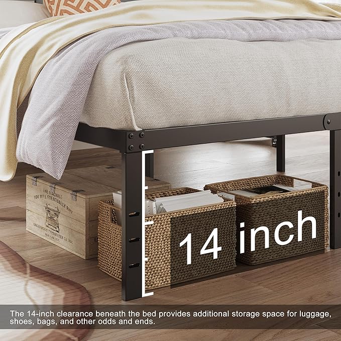 16 Inch Queen Bed Frame with Headboard No Box Spring Needed, Heavy Duty Metal Queen Size Platform with Steel Slat, Mattress Foundation, Easy Assembly, No Noise, Black