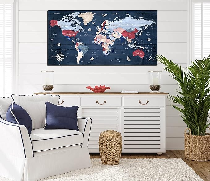 ZHAOSHOP World Map Wall-Art for Living Room - Blue Wall Decor for Teen Bedroom - Large Canvas Wall Art Stretched and Framed Ready to Hang Size 47" x 23"