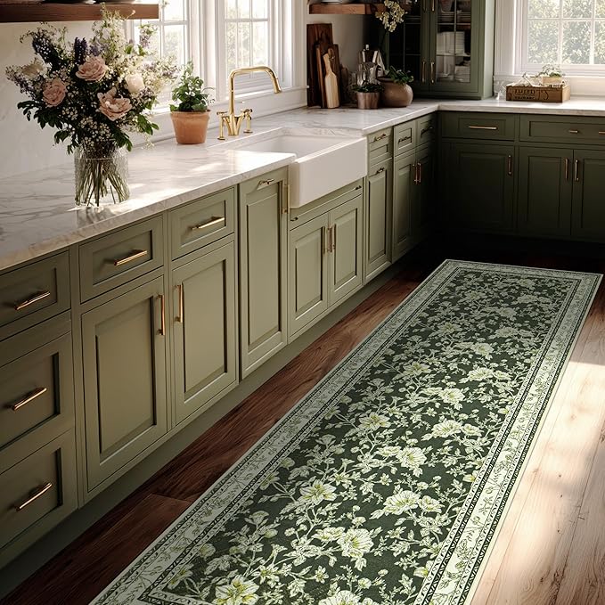 Olive Green Floral Print Area Rugs for Bedroom Living Room Boho Farmhouse Country Rustic Dining Room Carpet Soft Washable Rugs Non Slip Floor Covering for Nursery Playroom 3x8