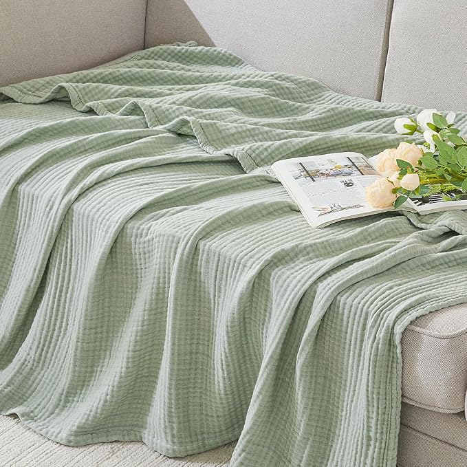 EMME Cotton Muslin Large Throw Blanket Couch Breathable Gauze Soft Lightweight Bed Blankets Adults (Heather Sage Green, 50"x70")