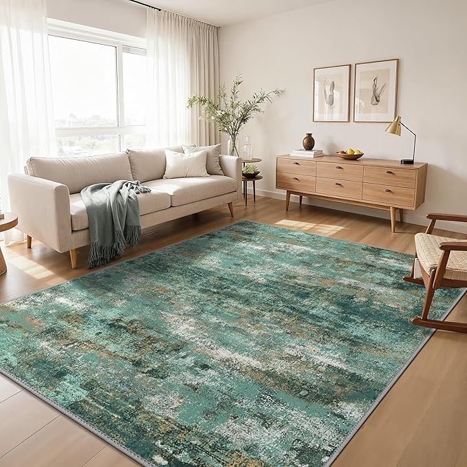 GENIMO Abstract Area Rug 8x10, Washable Large Modern Rug Non Slip, Low Pile Lightweight Soft Carpet for Living Room, Bedroom, Dining Room, Turquoise
