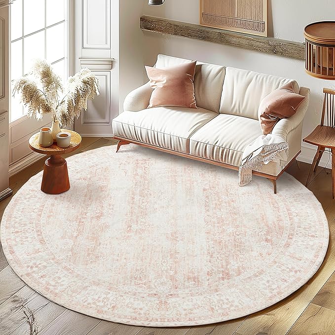 Round Rug 4x4 Feet 4ft Washable Area Rug Boho Farmhouse Vintage Indoor Floor Cover,Floral Print Blush Pink Circle 4' Round Kitchen Living Room Bedroom Dining Room