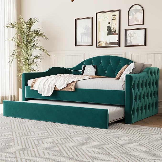 Bellemave Twin Size daybed Frame with Trundle for Adults, Kids, Girls, Teens, Tufted daybeds with Trundle for Living Room, Velvet, (Mattress not Included), Green