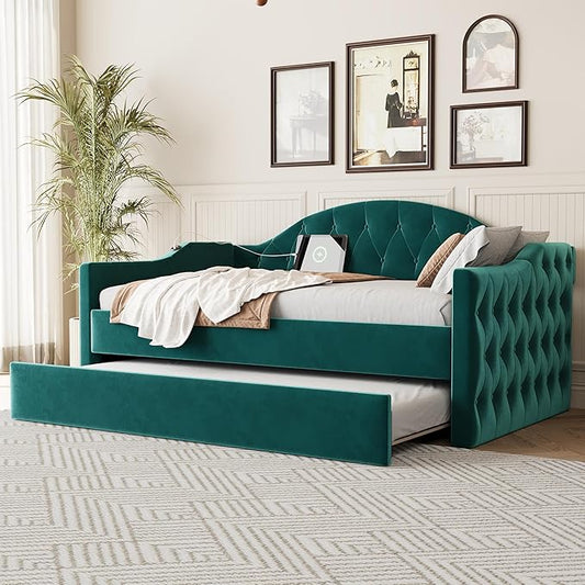Bellemave Twin Size daybed Frame with Trundle for Adults, Kids, Girls, Teens, Tufted daybeds with Trundle for Living Room, Velvet, (Mattress not Included), Green