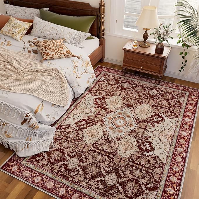 AMTOVO Area Rugs 5'x7' Washable Non-Slip, Vintage Boho Distressed Print Pattern Rugs for Living Room, Soft Low Pile Carpet for Bedroom Indoor Playroom Nursery Farmhouse Dining Room, Vintage Red