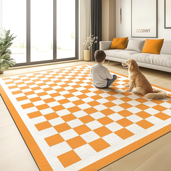 Washable 5x7 Checkered Area Rug for Living Room, Orange Checkerboard Modern Boho Large Rugs, Ultra Thin Low Pile Lightweight Indoor Carpet with Non-Slip Backing for Bedroom Kids Nursery Play Room