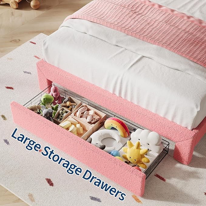 IDEALHOUSE Full Bed Frame with LED Headboard and Under-Bed Drawer, Metal Upholstered Platform Bed with LED Light for Kids, Girls, Lamb Fleece Fabric, Wooden Slats Support, No Box Spring Needed, Pink