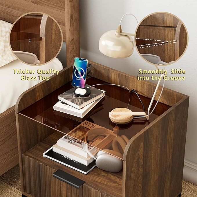 Mid Century Modern Nightstand with Charging Station, Fluted Night Stand, Bedside Table with Glass Top & Metal Legs, Wood End Table for Bedroom, Living Room (Walnut)