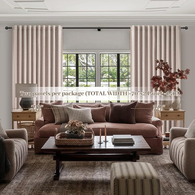 Blackout Curtains 70 Inches Extra Wide Linen Curtains 84 Inch Length for Living Room, Pleated Farmhouse Bedroom Thermal Drapes for Winter Thick Window Energy Efficient 70" W x 84" L 2 Panels