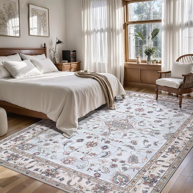 Tangsoo 5x7 Washable Area Rug, Non Slip Boho Persian Rug for Living Room Bedroom, Vintage Light Blue Floral Indoor Carpet, Soft Low Pile Mats for Bathroom Office Laundry Kid & Pets Friendly Home Decor