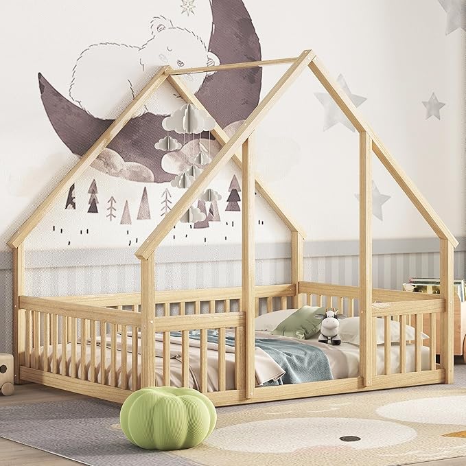 Bellemave Full Floor Bed for Kids, Girls, Boys, Wood House Bed Frame, House Floor Bed for Kids, Full Size Montessori Floor Bed with Fence, Playhouse, Natural