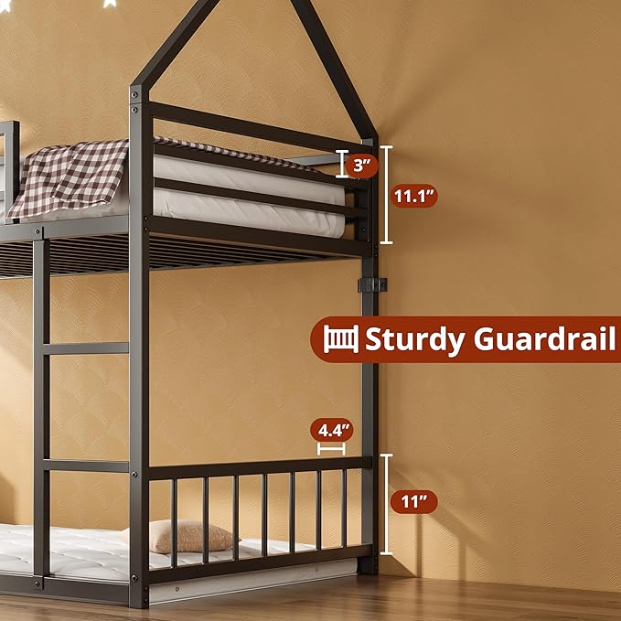 LIKIMIO Bunk Bed Twin XL Over Twin XL, Metal Bunk Bed Frame with Ladder and Guardrail, House Shaped with Metal Slats for Dormitory and Bedroom, Space Saving, No Box Spring Needed, Black