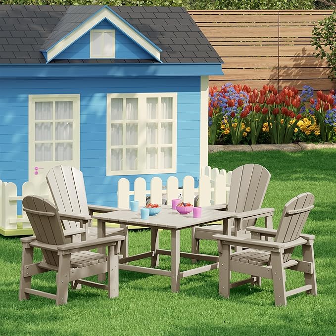 Costaelm Paradise Kids 5-Piece HDPE Outdoor Square Patio Dining Table and Chairs Set, Sand