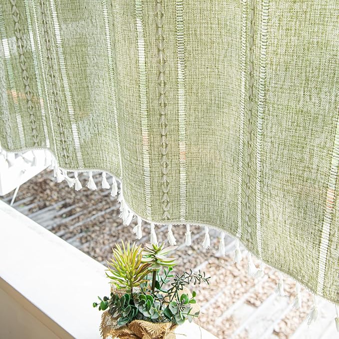 Deeprove Green Boho Curtain Valance for Cafe Kitchen Closet Doorway Decor, Sheer Bohemian Farmhouse Cotton Linen Short Panel French Tassel Trim Country Window Treatments Panel, W52 x L18, 1 Piece