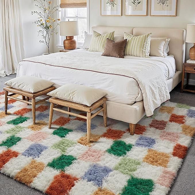 Checkered Rug 5x8 for Living Room, Modern Neutral Shag Rug Super Soft Washable Indoor Fuzzy Carpet Non-Slip Fluffy Rugs for Bedroom Home Aesthetic Decor